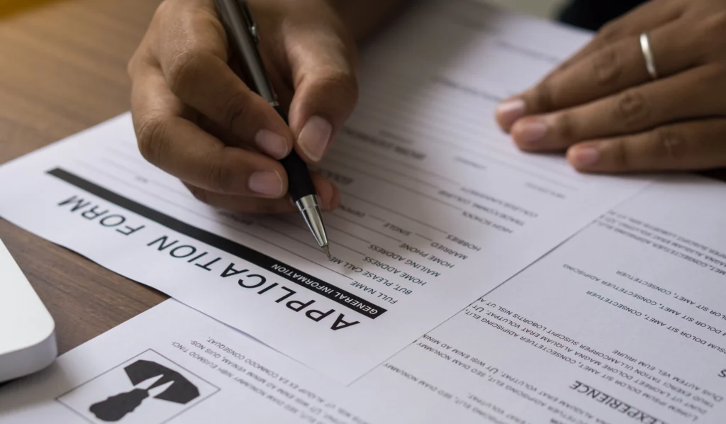 Person completing employment application paperwork for PERM job requirements and labor certification process